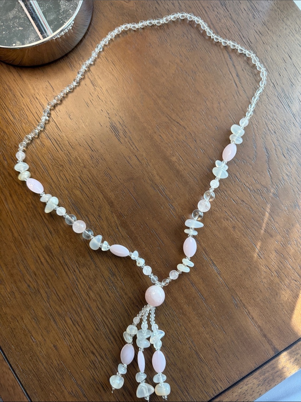 Pink Bead Tassel Necklace with Clear Accents